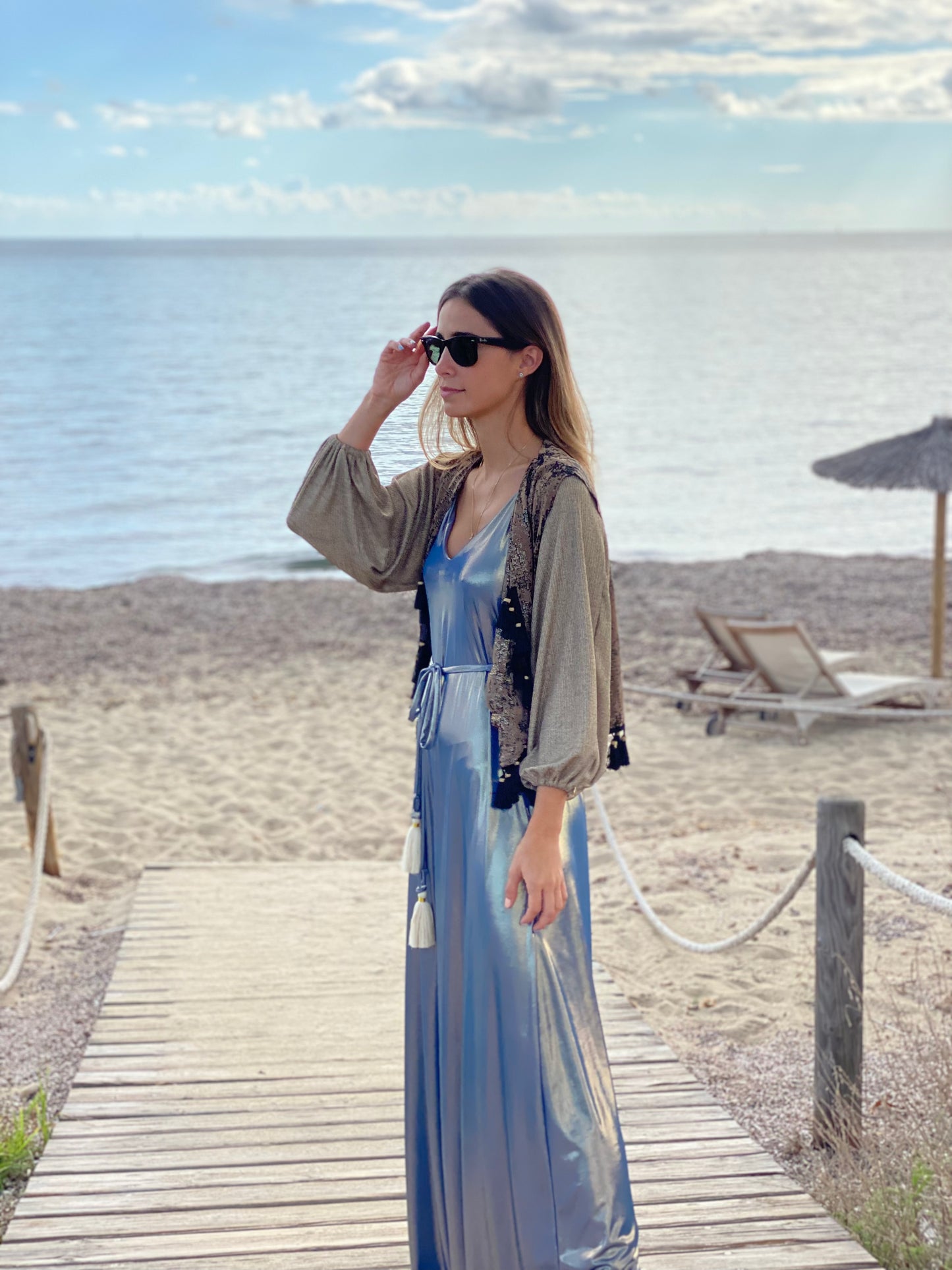 Special Shine Blue Long Pompom Dress